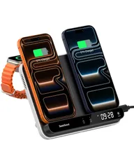 ワイヤレス充電器 2台、iphone 充電スタンド 2台同時、折りたたみ式 充電ステーション、置くだけ充電、iPhone 17/16/15/14/13/12/11/8/Xシリーズ対応、 Apple Watch 11/10/9 SwanScout 710A