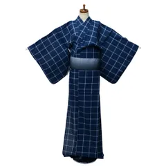 浴衣 単品 女性用 仕立て上がり しじら織 綿85％ 麻15％ 格子模様 紺色 bonheur saisons 花火大会 夏祭り NO43069