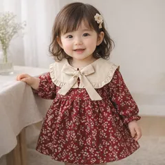 女の子　ワンピース　赤　レトロ　小花柄　100cm  襟　Aライン