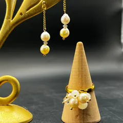 1セット限り 天然石 パールと白い石たちの花束リングと耳飾りのセット fr146