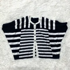 NEWYORKER ニューヨーカー ボーダーニットカーディガン ／Mサイズ 日本製 ポンチョ風 ネイビー×ホワイト レディース 美品のサムネイル