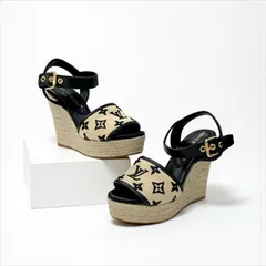 ルイヴィトン LOUIS VUITTON スターボードライン モノグラム サンダル 靴 シューズ レザー ファブリック ブラック ベージュ ウェッジソール