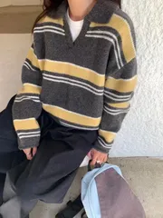 ボーダー柄Vハイクオリティニット ウールニット ルーズフィット ボーダー柄ストライプ カラネック Vネック