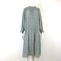 アンティックラグ antic rag ワンピース プリーツ フレア リバティ 小花柄 フリル襟 シアー シフォン ロング 長袖 M ミントブルー マルチカラー