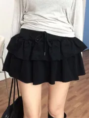 ウールティアードスカート))フリルシャーリングフレアストリング紐ウエストバンディングボリュームハイウエスト