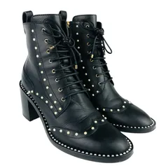 美品★JIMMY CHOO・ジミーチュウ【HANAH 65】レディース レザー パールデザイン チャンキーヒール サイドジップ ショートブーツ (37) イタリア製 レディースブーツ 冬靴 春靴 ブラック ブーティ ブランド