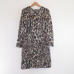 美品 Calvin Klein カルバンクライン レオパード 長袖 シルクワンピース 36 アイボリー レディース 古着 中古 USED