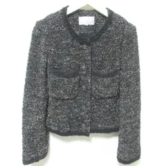 美品 M-PREMIER COUTURE エムプルミエ ノーカラー ツイード ジャケット 小さいサイズ 34 ブラック レディース 古着 中古 USED