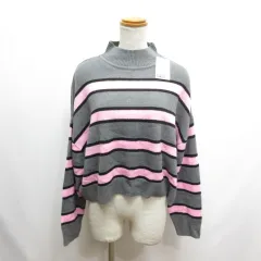 エイチ&エム H&M ボーダー柄 ハイネック ワイド ニット セーター L グレー タグ付き