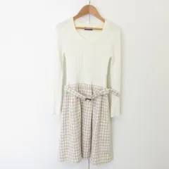 BLUE LABEL CRESTBRIDGE ブルーレーベルクレストブリッジ 長袖 ひざ丈 ツイード ドッキング ニットワンピース サイズ38 ホワイト レディース 古着 中古 USED