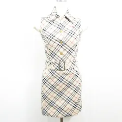 バーバリーブルーレーベル BURBERRY BLUE LABEL ノースリーブ シャツ ワンピース 膝丈 ストレッチ 綿 36 ベージュ チェック kz14310