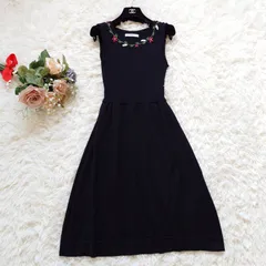 美品　ルネ　Rene　ニット　ワンピース　ノースリーブ　フレア　花柄　フラワー　ビジュー　刺繍　ウール　コットン　ブラック　黒　34　S