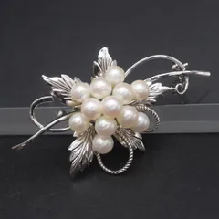 M767 本真珠 5.9mm12珠 パール STERLING刻印 ブローチ リーフ デザイン シルバー コサージュ 6月誕生石