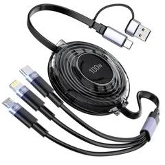 【100W】充電ケーブル 3in2 巻き取り式 充電コード 【PD対応100W/5A】超急速充電 LEDディスプレイ 超高耐久 データ転送 断線防止 iPhone15/16シリーズ充電ケーブル MacBook Pro/iPad Pro/Surface ...