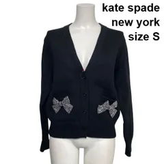 ◆ ケイトスペードニューヨーク kate spade エンベリッシュド ボウ カーディガン 長袖 Vネック ビジュー 黒 毛混 S 7号 レディース S6B147のサムネイル