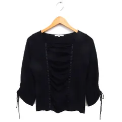 23区 オンワード樫山 スクエアネック ギャザー カットソー リボン コットン混 七分袖 38 黒 ブラック /NT26