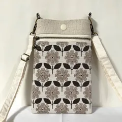 スマホポシェット 北欧風花づくし ブラウン ショルダーストラップ付き