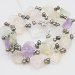 Q430 アメジスト ローズクォーツ 等 カラーストーン STERLING刻印 ネックレス 淡水真珠 パール グリーン系カラー デザイン シルバー