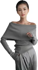 blue beryl ブルーベリル オフショルダー ニット トップス 長袖 タイト フィット 無地 シンプル カジュアル レディース 体型カバー ニットトップス BB092-GY-S (グレー,  S)