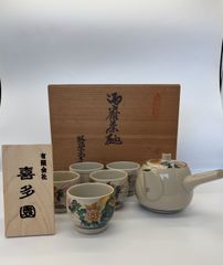 最高峰】九谷焼 九谷吉田製 金彩鶉文 煎茶器セット 急須 湯呑 木箱入