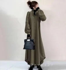 春ワンピース40代 即購入OK シャツワンピースロング丈 開襟シャツ 緑 ワンピース 長袖ワンピース ゆったり aラインワンピース フレア 50代60代ワンピオフィス 春秋服