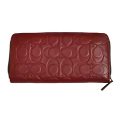 良品 COACH コーチ レザー シグネチャー型押し ラウンドファスナー 長財布 ロングウォレット レッド レディース 古着 中古 USED