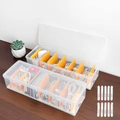 仕切り付きケーブル収納ボックス（2 個）＋結束バンド（10 本） 多機能対応（データ/充電ケーブル・小物・化粧品）家庭・オフィス卓上用