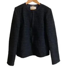 美品 自由区 22年商品 ツイード ノーカラージャケット サイズ36 ネイビー レディース 古着 中古 USED