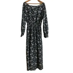 美品 BEAMS ビームス フラワープリント 長袖 ロングワンピース ブラック レディース 古着 中古 USED