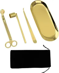 Queen-b キャンドル メンテナンス ４点セット 収納袋付き キャンドル消し 芯切り はさみ トリマー ろうそく 火消し 消化器 道具 カッター トレイ ツール アロマキャンドル 仏壇 (ゴールド,  23x9.5cm)