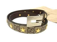■極美品■ GUCCI グッチ PVC GGスプリーム PVC シルバー金具 スター 星 ベルト メンズ レディース ブラウン系×ゴールド系 BN6484