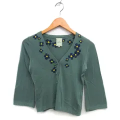 シビラ SYBILLA Vネック カーディガン ニット コットン 綿 クロップド ハイゲージ 花柄 七分袖 M カーキ /NT8
