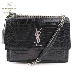 【中古】SAINT LAURENT サンローラン パリ サンセット バッグ ミディアムサイズ チェーンショルダーバッグ ブラック シルバー金具 クロコ型押し シャイニー レザー 442906