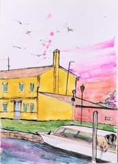 原画#328 黒猫 猫 窓 花 フランス 水彩画 ドローイング インテリア