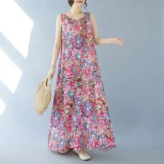 ワンピース 夏 ロングワンピース レディース ロングワンピ タンク綿麻 ワンピース タンクワンピ リゾートワンピ 大人 可愛い  緑 総柄 花柄min#