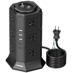 TOPREK 縦型コンセント 電源タップ 延長コード 3m タワー式 電源タップ usb付き コンセントタップ 12個AC口 5個USBポート Type-C付 ダブルスイッチ付き 過負荷保護 オフィス・会議用 自宅用 12A/1500W