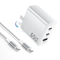 PD 65W 急速充電器 type-c【3台同時に急速充電・超軽量】2M type-c ケーブル付きタイプC GaN II採用 携帯充電器 3ポート「各Cポートで65W」スマホ充電器 小型 折りたたみ式プラグ 旅行に最適【PSE認証済/PD3.0/Q ...