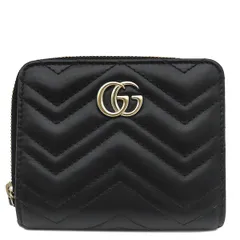 グッチ GUCCI 二つ折り財布 GG マーモント ミニジップ ウォレット レザー ブラック ゴールド金具 黒 コンパクト ラウンドジップ  813370【中古】