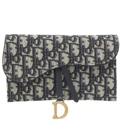 クリスチャン・ディオール Christian Dior チェーンウォレット サドル チェーン ポーチ スモール コットン レザー ネイビー系 ゴールド金具 ショルダー オブリーク ジャカード 【中古】
