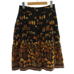 キース KEITH フレアスカート ウール混 ひざ丈 落ち葉 葉っぱ 総柄 38 黒 ブラック 茶色 ブラウン /XZ ■GY58