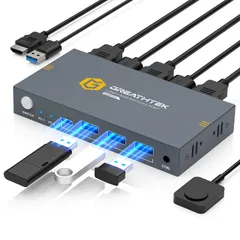 KVMスイッチHDMI 2入力1出力，USB 3.0 KVM 切替器パソコン2台モニター1台切り替え，4K@60Hzパソコン切替器には4本USBポート共有キーボードとマウス プリンター/スキャナー，しますプッシュボタンと有線リモート切り替えを，ドライ ...