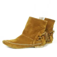 ダイアナ DIANA ショートブーツ レザー 革 ヌバック バックリボン レースアップ モカシン ステッチ 37 23.5cm 茶 ブラウン /MN8 ■GY01