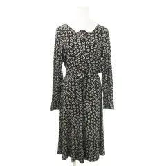 アニエスベー agnes b. ワンピース 襟付き ロング 長袖 ストレッチ 花柄 総柄 リボン 3 L 黒 ブラック /AO7