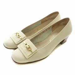 サルヴァトーレフェラガモ Salvatore Ferragamo パンプス レザー スクエアトゥ チャンキーヒール ガンチーニ ロゴ ゴールド金具 6 23.5cm アイボリー /XZ ■GY11