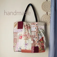 ハンドメイド　パッチワーク　トートバッグ　ピンク花柄