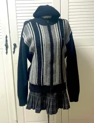 ヴィンテージ コーディネートセット 縦 ストライプ ニット ジップアップ カーディガン ツイードチェック ONE PIECE ベレー帽