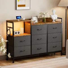 新品 IKIFLY チェスト収納 タンス 棚付き 箪笥 リビング収納 箪笥 ワイドチェストLEDライト付きおしゃれ 収納ケース 引き出し 大容量 北欧 USBポート付き洋服タンス 布製 収納ボックス シンプル 整理タンス 寝室収納 一人暮らし3段8杯 【幅13