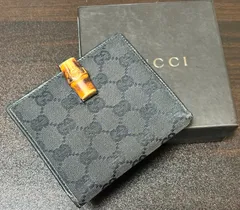 GUCCI 二つ折り財布　バンブー　ブラック　gg キャンバス　箱付き