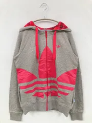 adidas パーカー XOT グレー ジップアップ 長袖 前面プリント ブランドロゴ チェック柄 スウェット