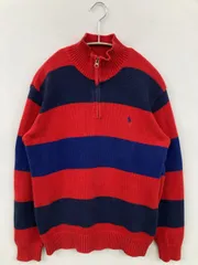 Polo by Ralph Lauren ニット/セーター L レッド コットン ボーダー柄 ワンポイント ミドル丈 長袖 タートルネック/ハイネック